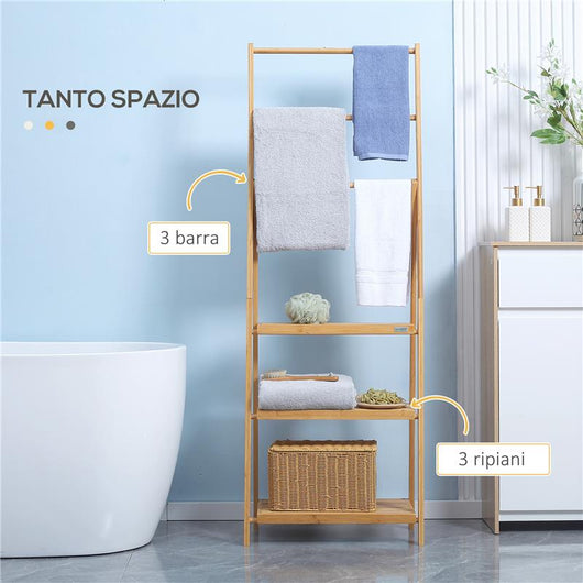 PORTASCIUGAMANI BAGNO MULTIUSO PIEGHEVOLE CON 3 BARRE E 3 RIPIANI 53X30.5X152 CM LEGNO NATURALE
