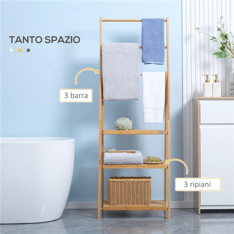 PORTASCIUGAMANI BAGNO MULTIUSO PIEGHEVOLE CON 3 BARRE E 3 RIPIANI 53X30.5X152 CM LEGNO NATURALE
