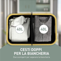 CESTO PORTABIANCHERIA DA 80L A 2 SEZIONI CON COPERCHIO IN TESSUTO NON TESSUTO E BAMBÙ 54X34X58.5 CM NERO