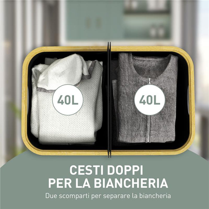 CESTO PORTABIANCHERIA DA 80L A 2 SEZIONI CON COPERCHIO IN TESSUTO NON TESSUTO E BAMBÙ 54X34X58.5 CM NERO