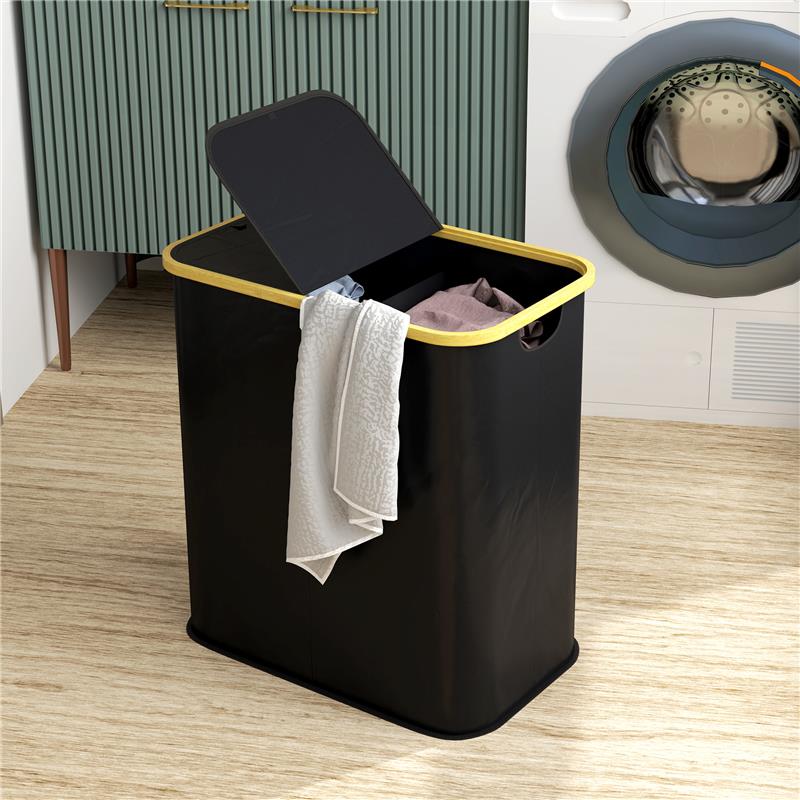 CESTO PORTABIANCHERIA DA 80L A 2 SEZIONI CON COPERCHIO IN TESSUTO NON TESSUTO E BAMBÙ 54X34X58.5 CM NERO