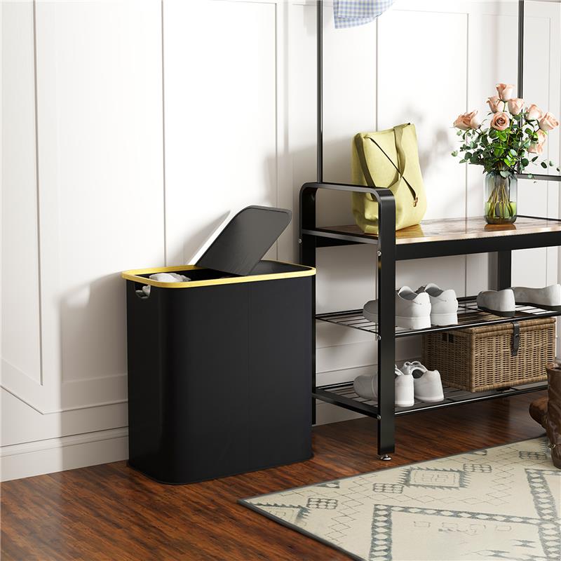 CESTO PORTABIANCHERIA DA 80L A 2 SEZIONI CON COPERCHIO IN TESSUTO NON TESSUTO E BAMBÙ 54X34X58.5 CM NERO