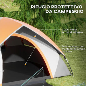 TENDA DA CAMPEGGIO 2 POSTI CON FINESTRA A RETE E GANCIO IN POLIESTERE 210X150X110 CM GRIGIO E ARANCIONE