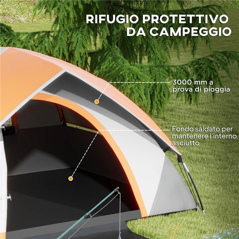 TENDA DA CAMPEGGIO 2 POSTI CON FINESTRA A RETE E GANCIO IN POLIESTERE 210X150X110 CM GRIGIO E ARANCIONE