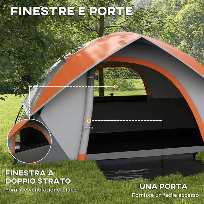 TENDA DA CAMPEGGIO 2 POSTI CON FINESTRA A RETE E GANCIO IN POLIESTERE 210X150X110 CM GRIGIO E ARANCIONE