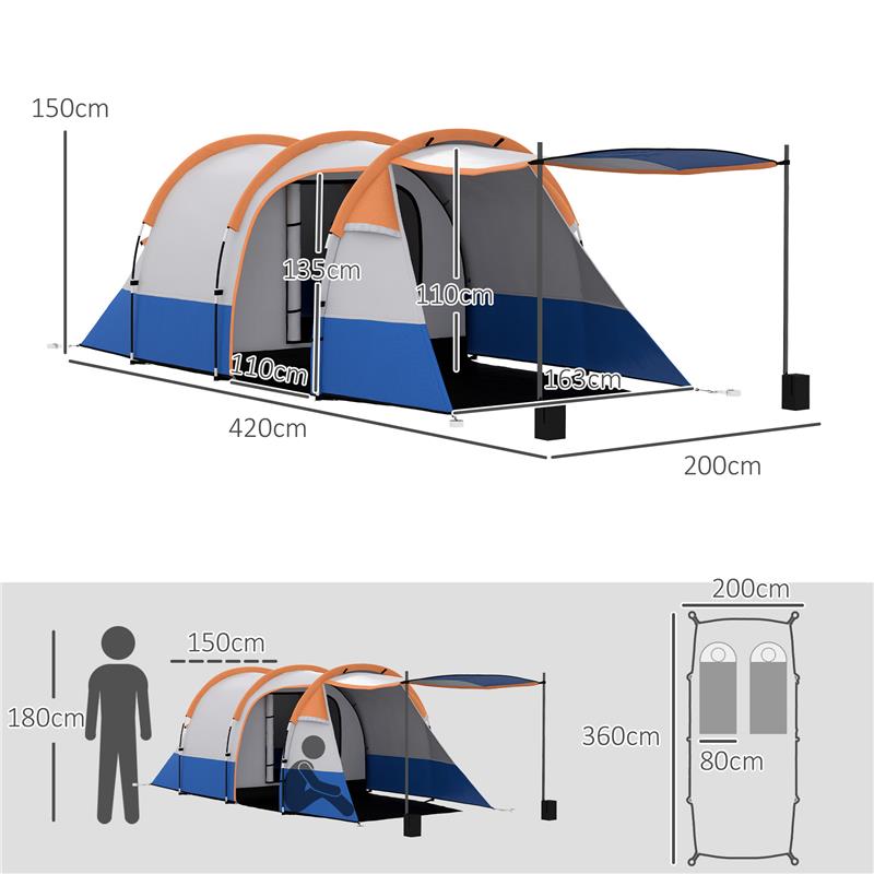 TENDA DA CAMPEGGIO IMPERMEABILE CON 2 AREE E 3 INGRESSI POLIESTERE E FIBRA DI VETRO 420X200X150 CM ARANCIONE