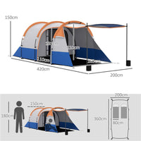 TENDA DA CAMPEGGIO IMPERMEABILE CON 2 AREE E 3 INGRESSI POLIESTERE E FIBRA DI VETRO 420X200X150 CM ARANCIONE