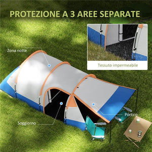 TENDA DA CAMPEGGIO IMPERMEABILE CON 2 AREE E 3 INGRESSI POLIESTERE E FIBRA DI VETRO 420X200X150 CM ARANCIONE