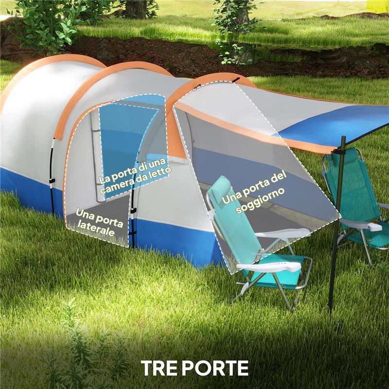 TENDA DA CAMPEGGIO IMPERMEABILE CON 2 AREE E 3 INGRESSI POLIESTERE E FIBRA DI VETRO 420X200X150 CM ARANCIONE