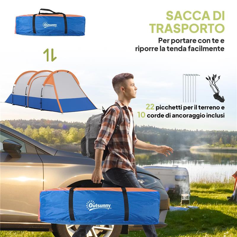 TENDA DA CAMPEGGIO IMPERMEABILE CON 2 AREE E 3 INGRESSI POLIESTERE E FIBRA DI VETRO 420X200X150 CM ARANCIONE