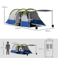 TENDA DA CAMPEGGIO IMPERMEABILE CON 2 AREE E 3 INGRESSI IN POLIESTERE E FIBRA DI VETRO 420X200X150 CM VERDE