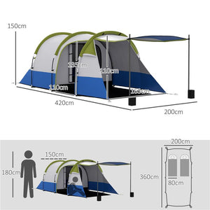 TENDA DA CAMPEGGIO IMPERMEABILE CON 2 AREE E 3 INGRESSI IN POLIESTERE E FIBRA DI VETRO 420X200X150 CM VERDE