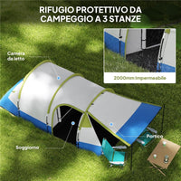 TENDA DA CAMPEGGIO IMPERMEABILE CON 2 AREE E 3 INGRESSI IN POLIESTERE E FIBRA DI VETRO 420X200X150 CM VERDE