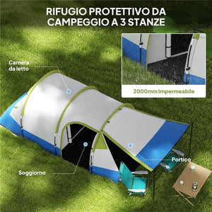 TENDA DA CAMPEGGIO IMPERMEABILE CON 2 AREE E 3 INGRESSI IN POLIESTERE E FIBRA DI VETRO 420X200X150 CM VERDE
