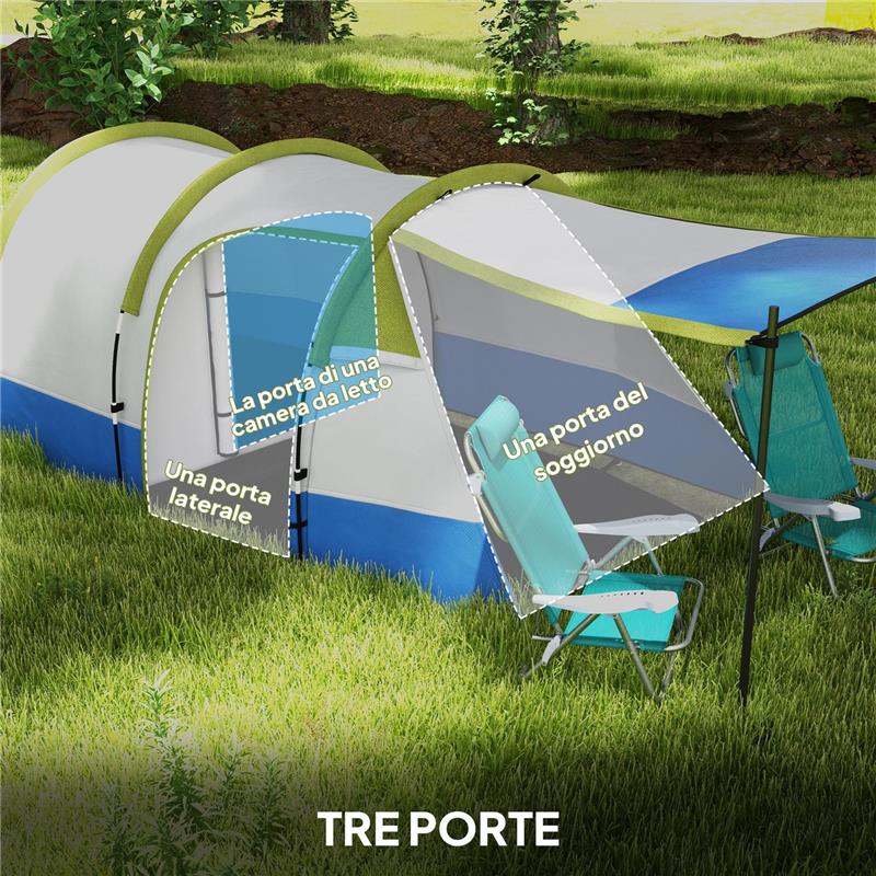 TENDA DA CAMPEGGIO IMPERMEABILE CON 2 AREE E 3 INGRESSI IN POLIESTERE E FIBRA DI VETRO 420X200X150 CM VERDE