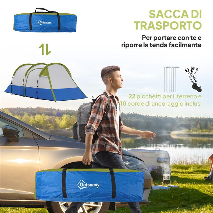 TENDA DA CAMPEGGIO IMPERMEABILE CON 2 AREE E 3 INGRESSI IN POLIESTERE E FIBRA DI VETRO 420X200X150 CM VERDE