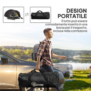 TENDA A TUNNEL PER 2-4 PERSONE CON FINESTRE LATERALI E GANCIO IN POLIESTERE 190T E PE 3.3X1.9X1.2 M NERO