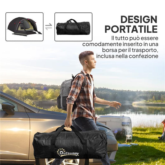 TENDA A TUNNEL PER 2-4 PERSONE CON FINESTRE LATERALI E GANCIO IN POLIESTERE 190T E PE 3.3X1.9X1.2 M NERO