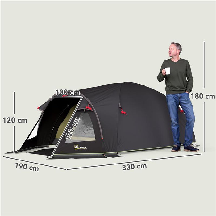 TENDA A TUNNEL PER 2-4 PERSONE CON FINESTRE LATERALI E GANCIO IN POLIESTERE 190T E PE 3.3X1.9X1.2 M NERO