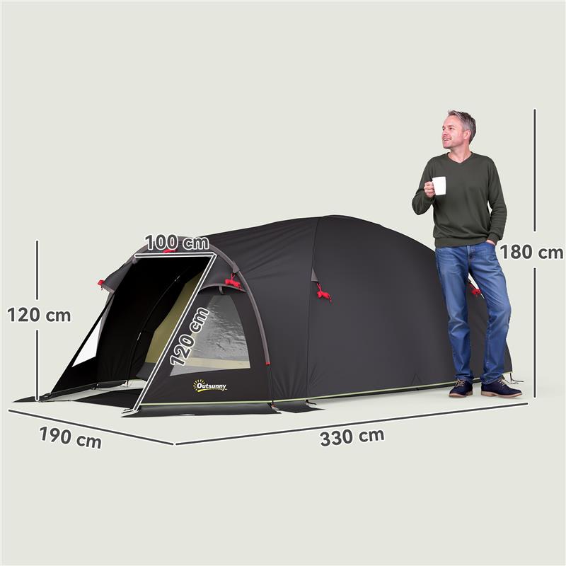TENDA A TUNNEL PER 2-4 PERSONE CON FINESTRE LATERALI E GANCIO IN POLIESTERE 190T E PE 3.3X1.9X1.2 M NERO