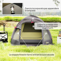 TENDA A TUNNEL PER 2-4 PERSONE CON FINESTRE LATERALI E GANCIO IN POLIESTERE 190T E PE 3.3X1.9X1.2 M NERO