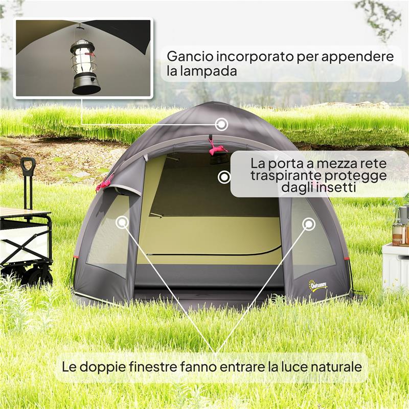 TENDA A TUNNEL PER 2-4 PERSONE CON FINESTRE LATERALI E GANCIO IN POLIESTERE 190T E PE 3.3X1.9X1.2 M NERO