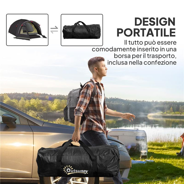 TENDA A TUNNEL PER 2-4 PERSONE CON FINESTRE LATERALI E GANCIO IN POLIESTERE 190T E PE 3.3X1.9X1.2 M NERO