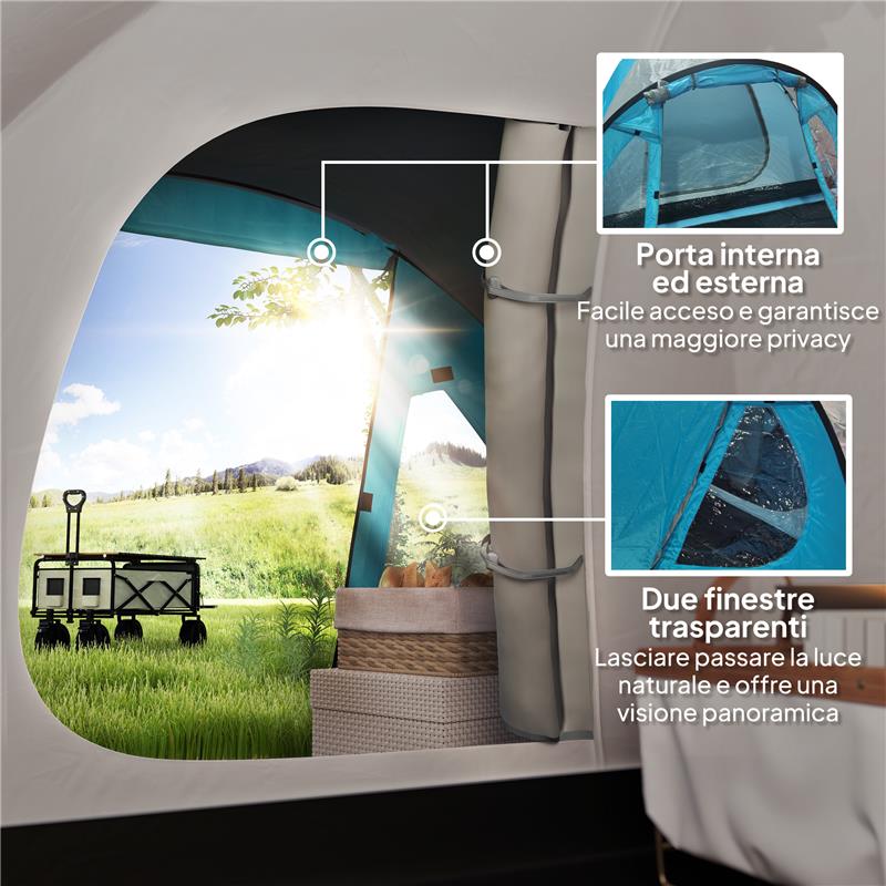 TENDA DA CAMPEGGIO 3 PERSONE CON CAMERA E VERANDA IMPERMEABILE 3000MM E BORSA DI TRASPORTO AZZURRO