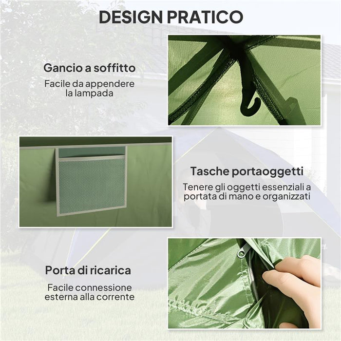 TENDA DA CAMPEGGIO PER 3 PERSONE IMPERMEABILE CON TASCHE GANCIO PER LANTERNA E BORSA DI TRASPORTO VERDE