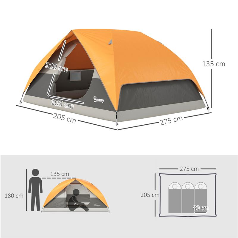 TENDA DA CAMPEGGIO PER 3 PERSONE IMPERMEABILE CON TASCHE GANCIO PER LANTERNA E BORSA DI TRASPORTO ARANCIONE