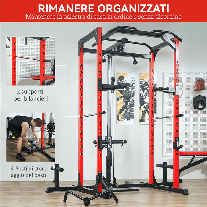 STAZIONE FITNESS CON SUPPORTO PER BILANCIERE E BARRA PER TRAZIONI E DIP IN ACCIAIO 191X153X205 CM ROSSO E NERO