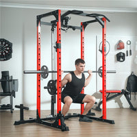 STAZIONE FITNESS CON SUPPORTO PER BILANCIERE E BARRA PER TRAZIONI E DIP IN ACCIAIO 191X153X205 CM ROSSO E NERO