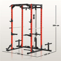 STAZIONE FITNESS CON SUPPORTO PER BILANCIERE E BARRA PER TRAZIONI E DIP IN ACCIAIO 191X153X205 CM ROSSO E NERO