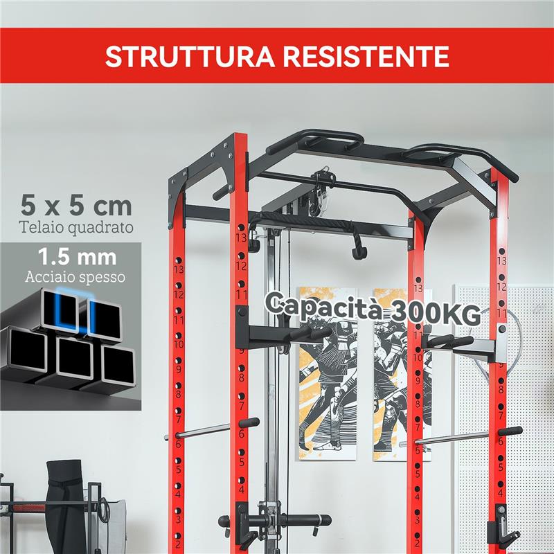 STAZIONE FITNESS CON SUPPORTO PER BILANCIERE E BARRA PER TRAZIONI E DIP IN ACCIAIO 191X153X205 CM ROSSO E NERO