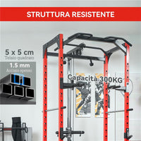 STAZIONE FITNESS CON SUPPORTO PER BILANCIERE E BARRA PER TRAZIONI E DIP IN ACCIAIO 191X153X205 CM ROSSO E NERO