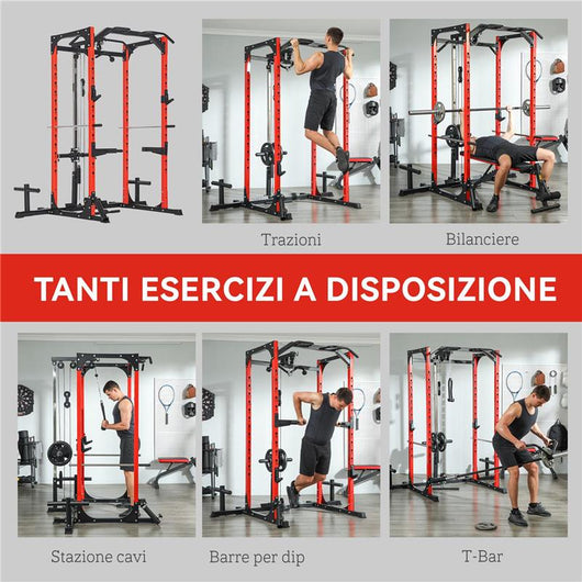 STAZIONE FITNESS CON SUPPORTO PER BILANCIERE E BARRA PER TRAZIONI E DIP IN ACCIAIO 191X153X205 CM ROSSO E NERO