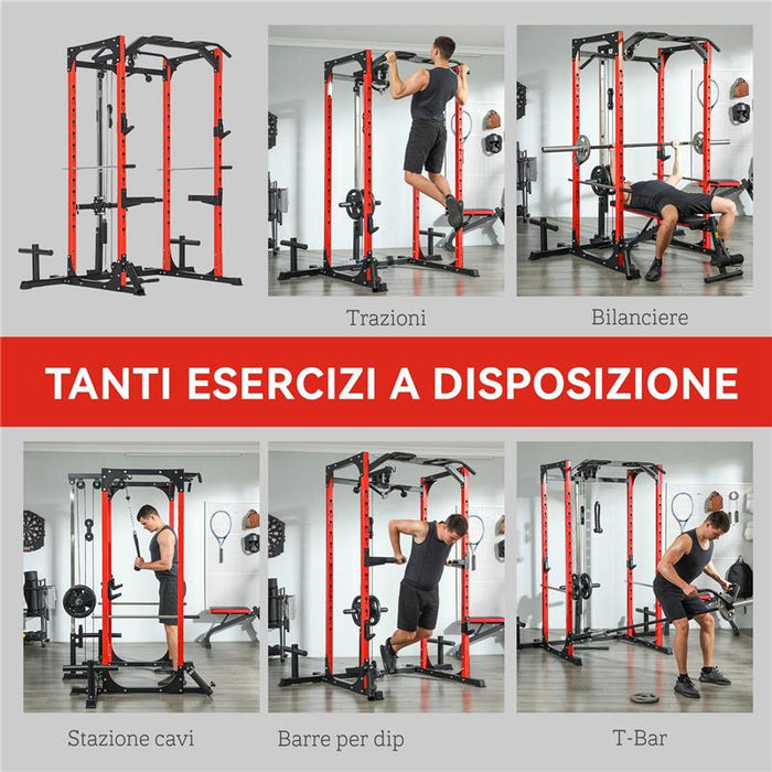 STAZIONE FITNESS CON SUPPORTO PER BILANCIERE E BARRA PER TRAZIONI E DIP IN ACCIAIO 191X153X205 CM ROSSO E NERO