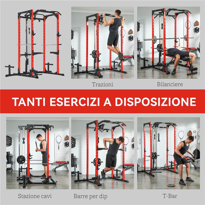 STAZIONE FITNESS CON SUPPORTO PER BILANCIERE E BARRA PER TRAZIONI E DIP IN ACCIAIO 191X153X205 CM ROSSO E NERO