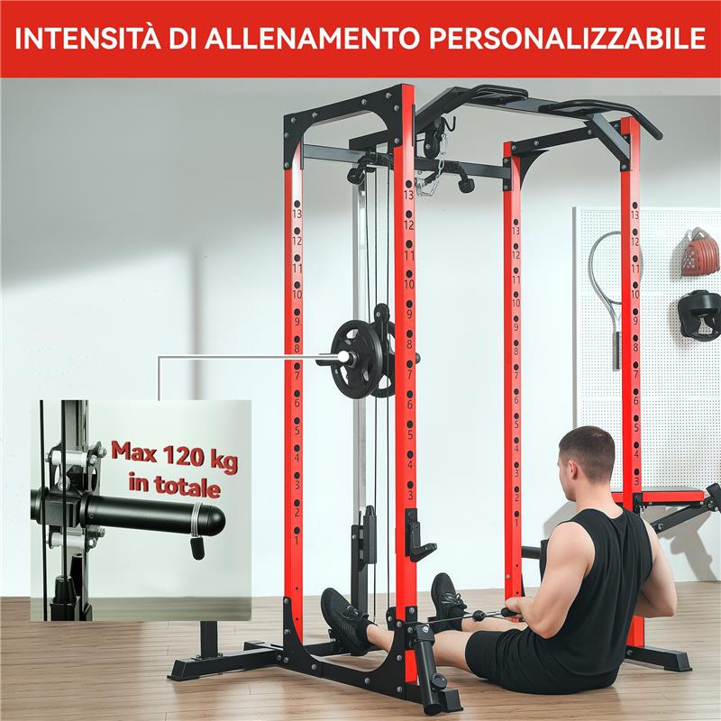 STAZIONE FITNESS CON SUPPORTO PER BILANCIERE E BARRA PER TRAZIONI E DIP IN ACCIAIO 191X153X205 CM ROSSO E NERO