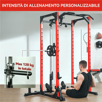 STAZIONE FITNESS CON SUPPORTO PER BILANCIERE E BARRA PER TRAZIONI E DIP IN ACCIAIO 191X153X205 CM ROSSO E NERO
