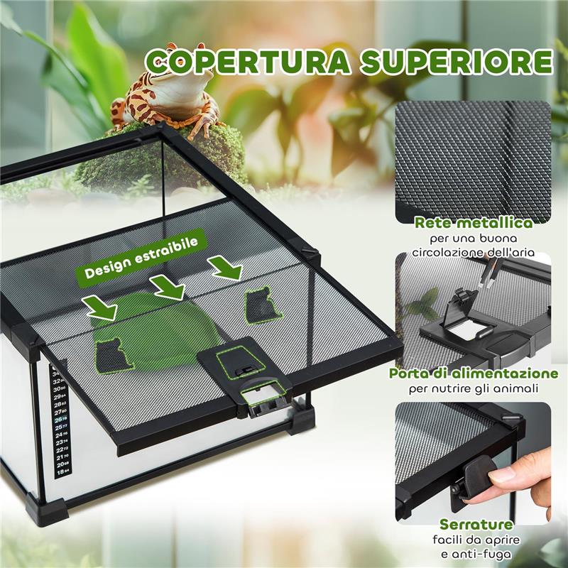 TERRARIO PER RETTILI RIALZATO CON SERRATURA E TERMOMETRO IN VETRO E RETE METALLICA 30X30X20 CM NERO