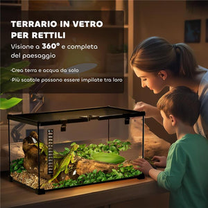 TERRARIO PER RETTILI RIALZATO CON SERRATURA E TERMOMETRO IN VETRO E RETE METALLICA 50X30X25 CM NERO