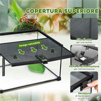 TERRARIO PER RETTILI RIALZATO CON SERRATURA E TERMOMETRO IN VETRO E RETE METALLICA 50X30X25 CM NERO