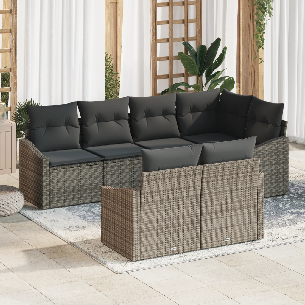 Set da Pranzo da Giardino a 7 Pezzi con Cuscini Grigio Rattan Polimerico