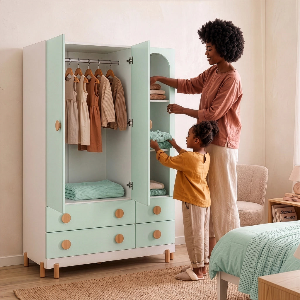 Armadio per Cameretta Vaarentaa a 2 Ante con 4 Cassetti e 3 Vani Aperti 156x90x41 cm - Bianco/Verde Menta [en.casa]