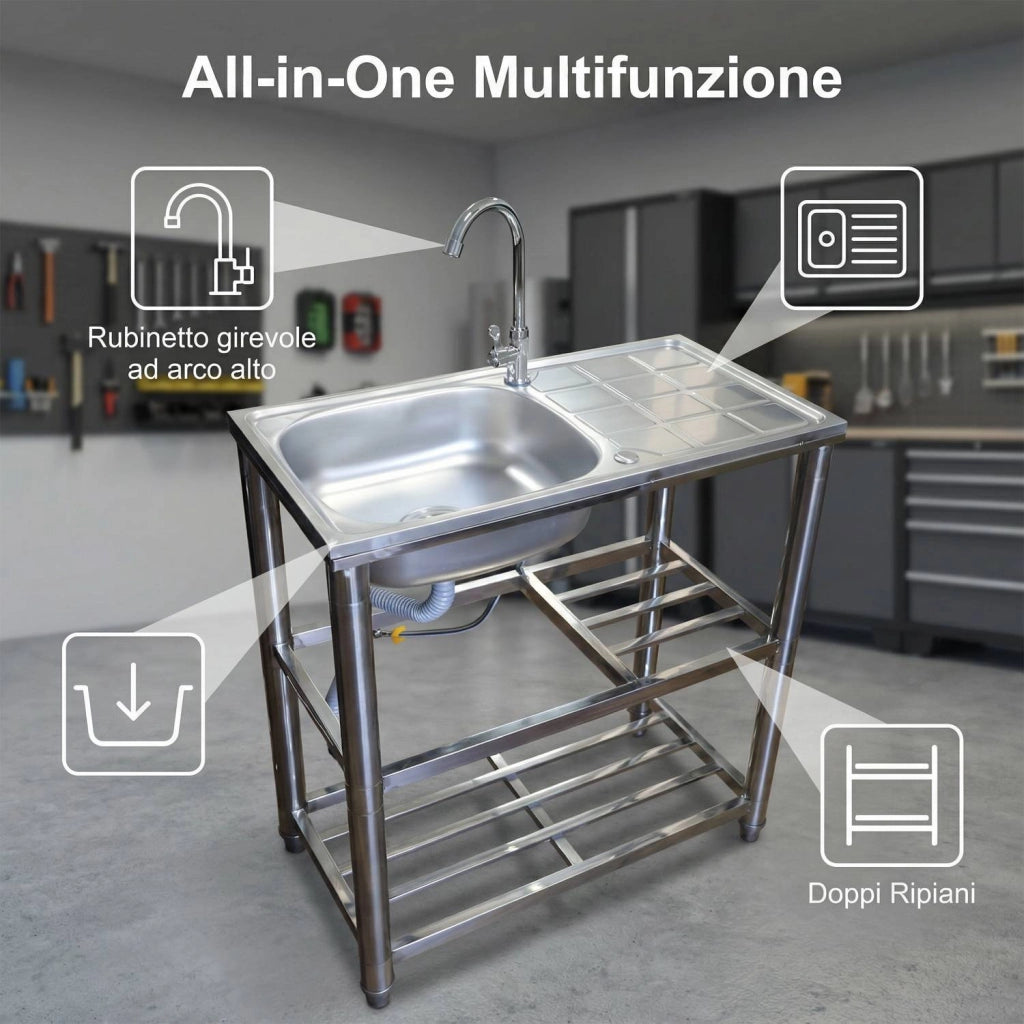Lavandino in Acciaio Inox Autoportante con Rubinetto e 2 Ripiani – Lavello 1 Vasca con Gocciolatoio Reversibile da Cuc