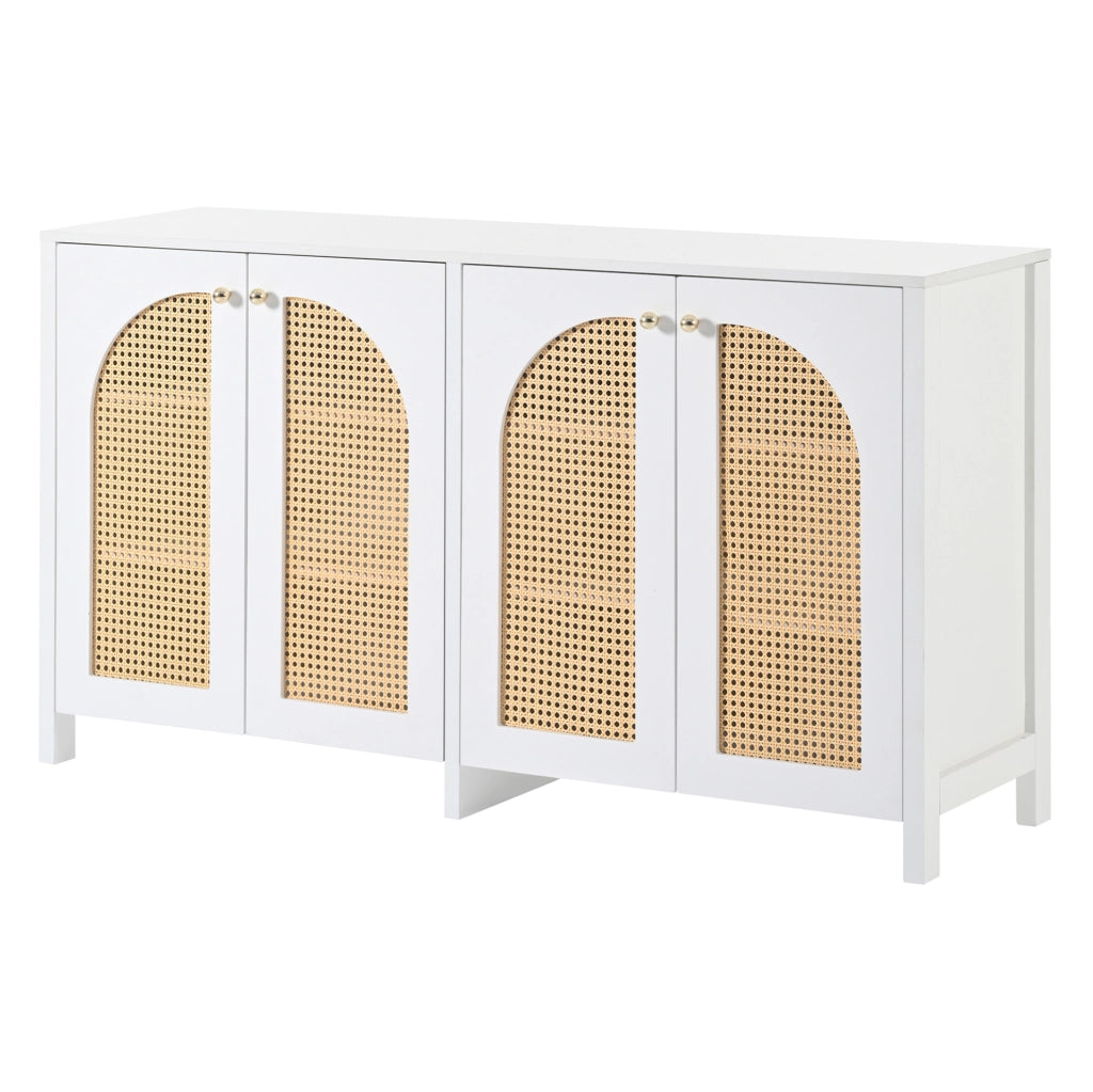 Credenza sideboard a 4 ante in MDF e PE rattan; ripiano regolabile; bianca