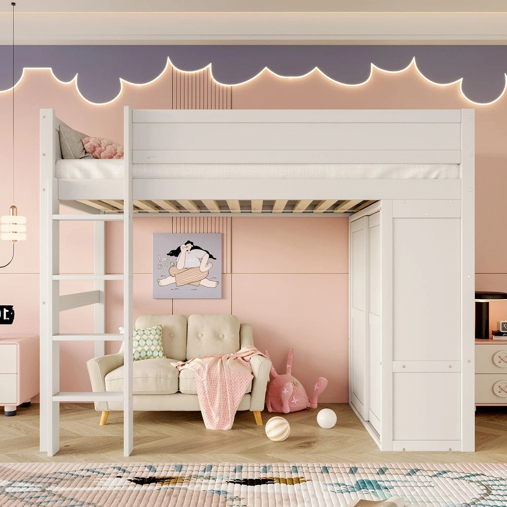 Letto a Soppalco con Armadio e Vano Contenitore ¨C MINIMAL ¨C Pino Bianco 90x200