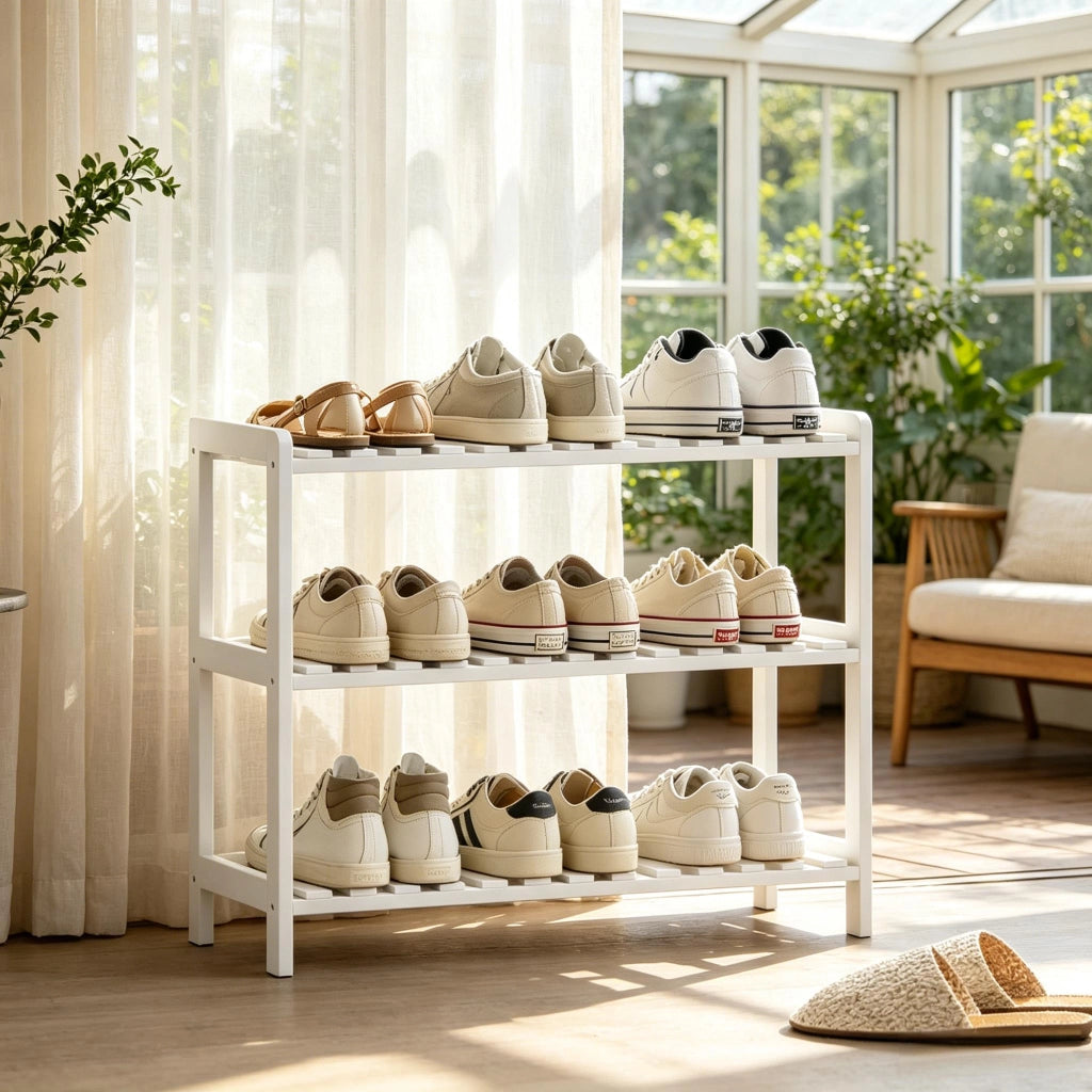 Scarpiera a 3 ripiani in legno e MDF bianco con design rialzato per ingresso 70 × 26 × 57,5 cm