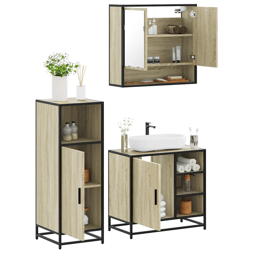 Set Mobili da Bagno | Armadio da bagno 3 pz Rovere Sonoma in Legno Multistrato
